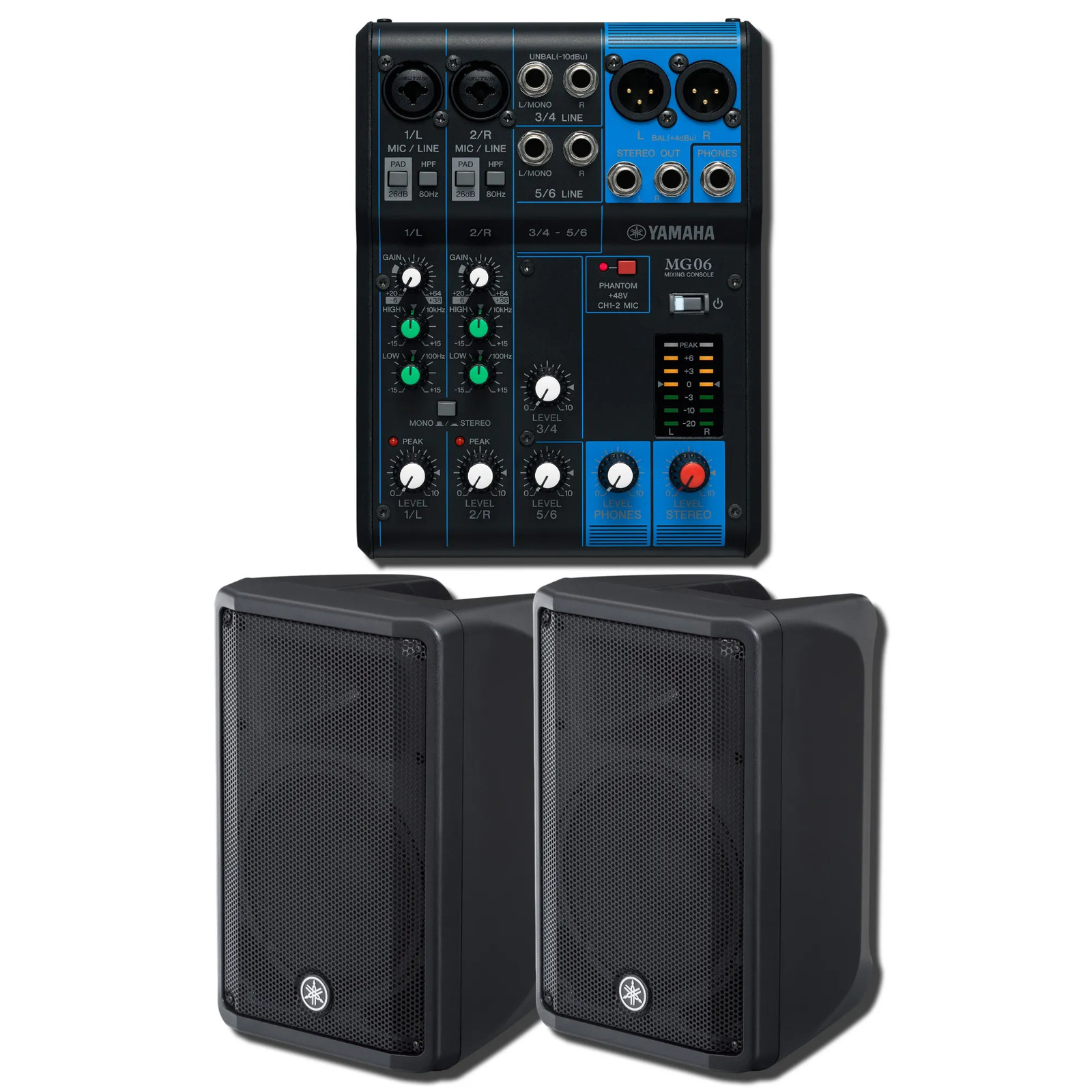 Yamaha DBR10 700W Powered Speaker Pair w/ MG06 6-Channel Analog Mixer Bundle