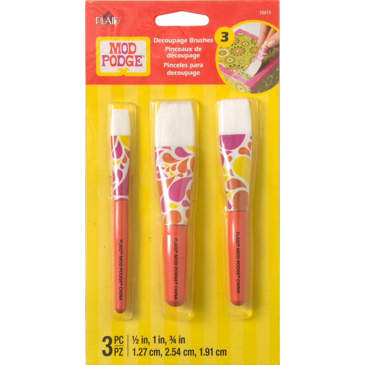 Mod Podge 10615 3 Piece Short Handle Brush Set 3 Piece, Multicolor