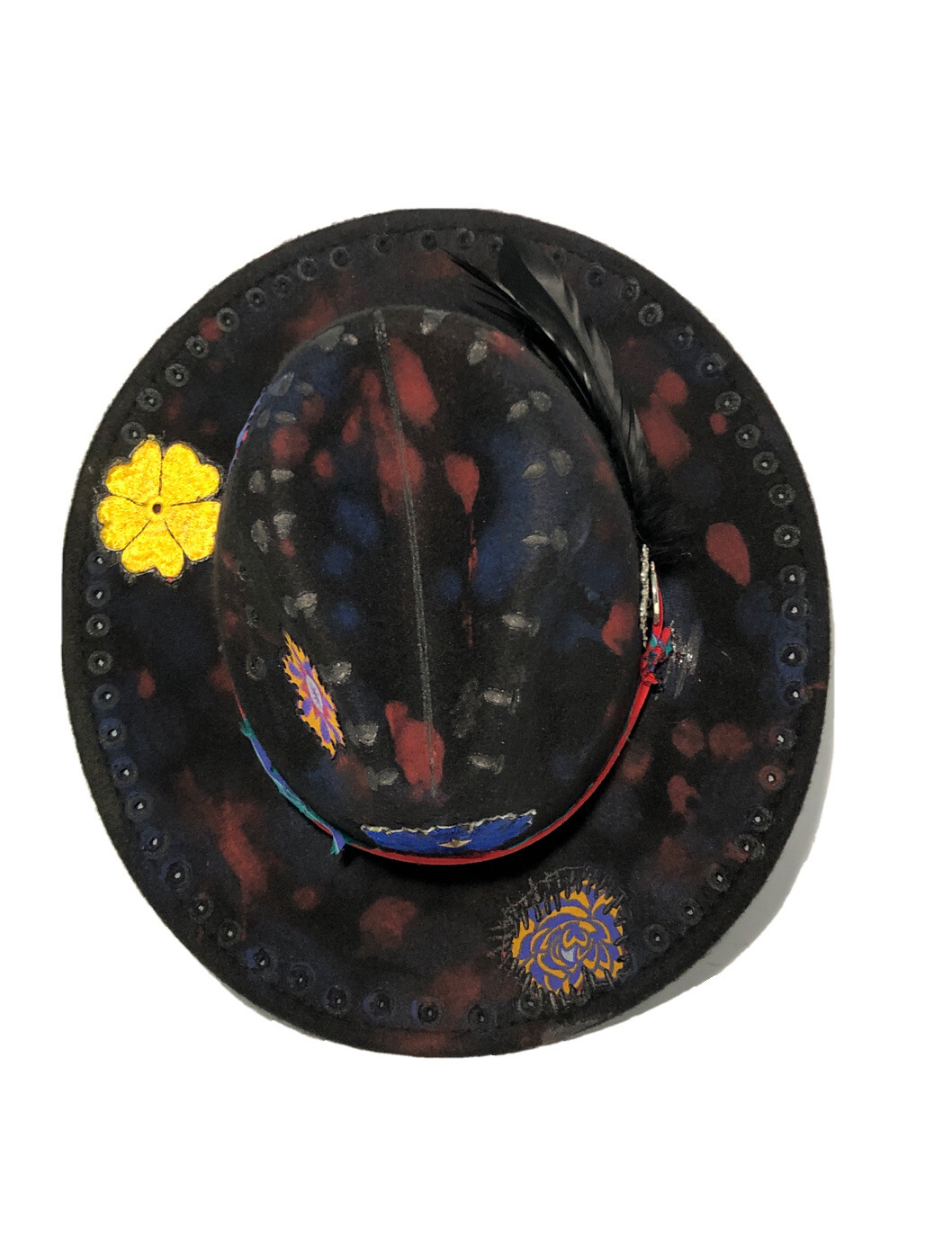 Tazzle’s 1of1 Custom Western Fedora Hat-Black Felt, Colorful Flowers, Cross Etc