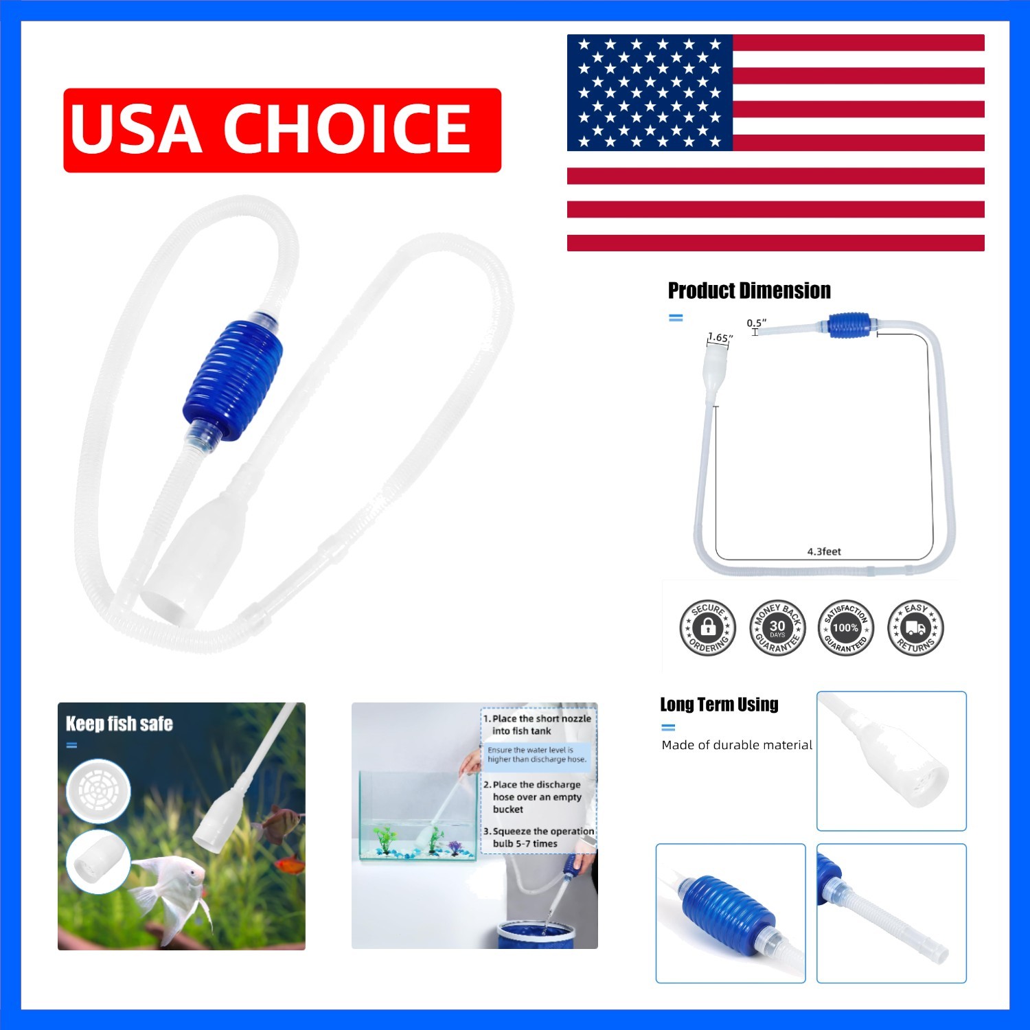 Aquarium Vacuum Siphon, Fish Tank Water Changer, Gravel Cleaner, Hand Pump