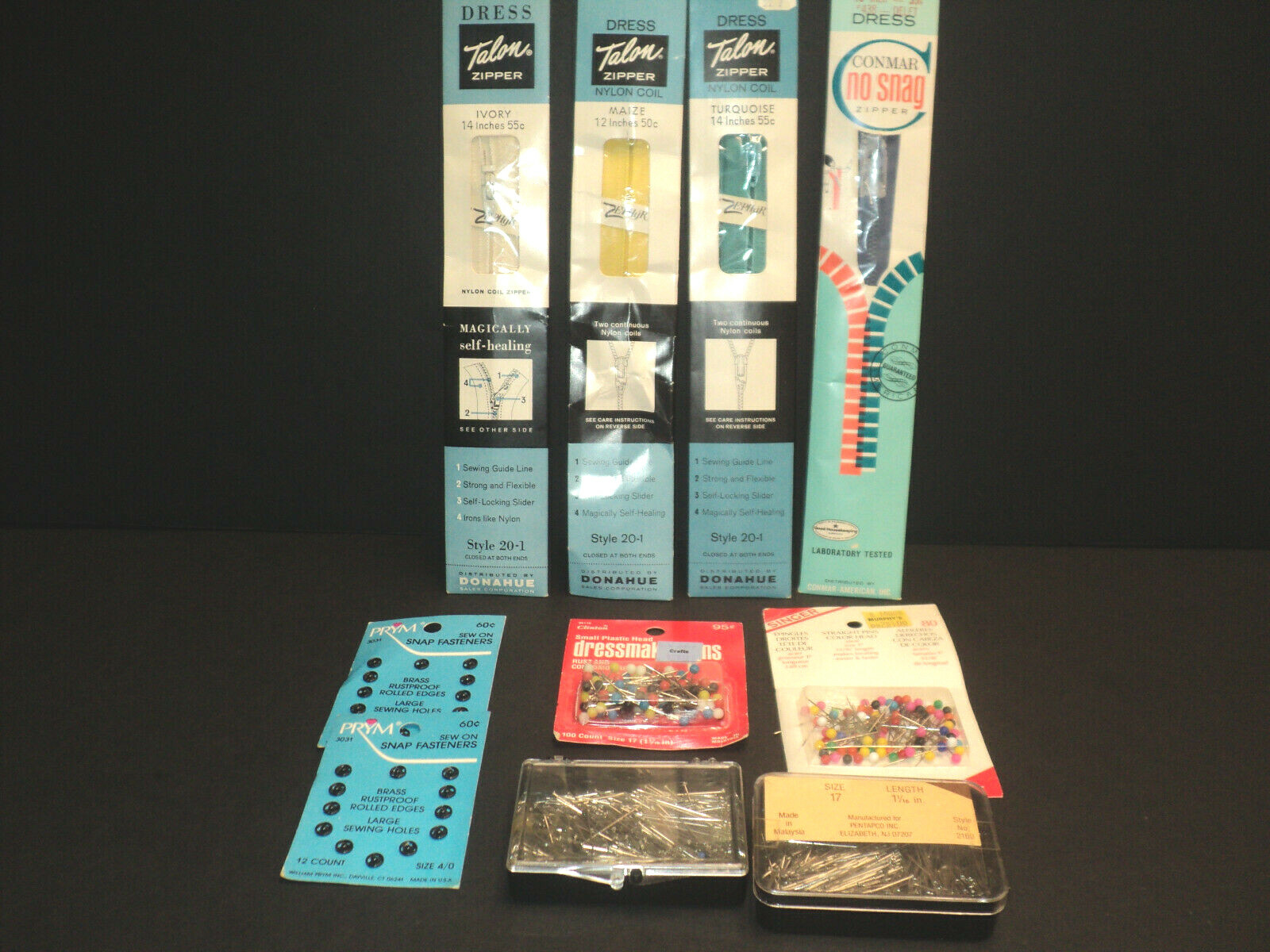 Vintage Lot of Notions 4 Zippers, Prym Snaps, Dressmaker Pins, Ball Point Pins