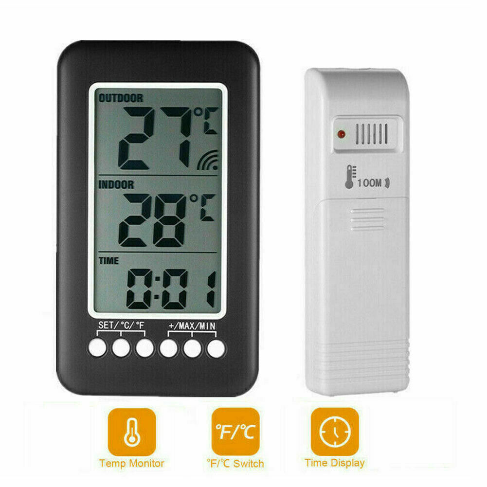Digital Thermometer Clock Indoor/OutdoorTemperature Wireless Transmitter Meter