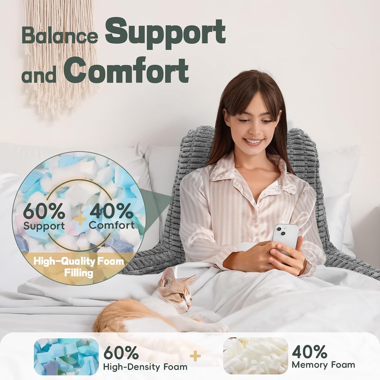 21 Inch Large Reading Pillow Memory Foam Back Support With Arm Rest Gray