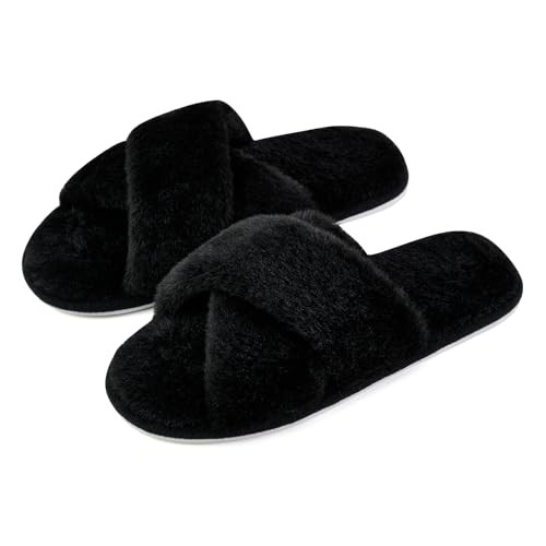 Women's Fuzzy Slippers Cross Band Memory Foam House Slippers for 7-8 Black