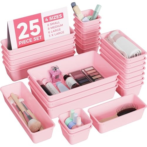 25 PCS Plastic Drawer Organizers Set, 4-Sizes Vanity and Makeup Organizer, Pink