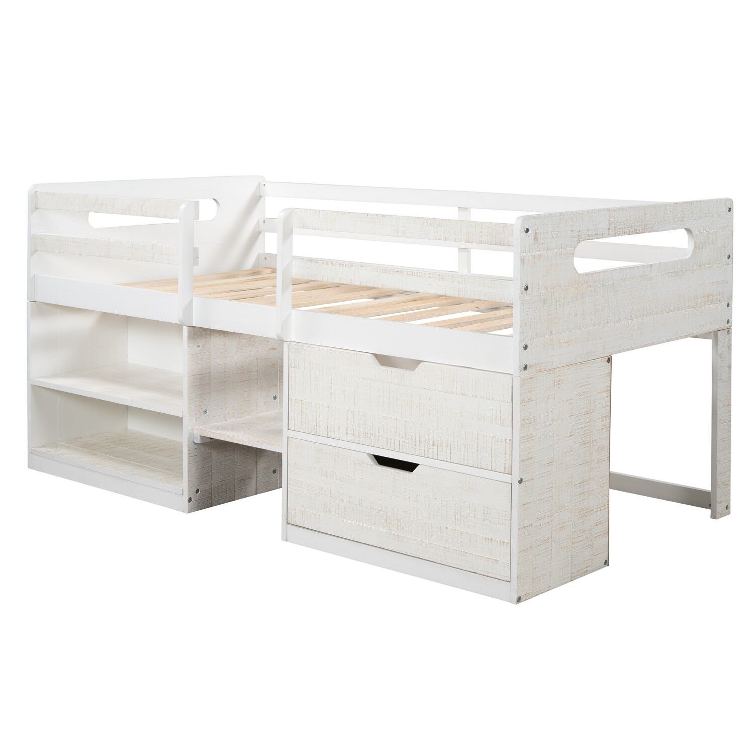Twin Size Loft Bed Frame Wood Bed Frame w/ Drawer & Shelves White/Gray/Espresso