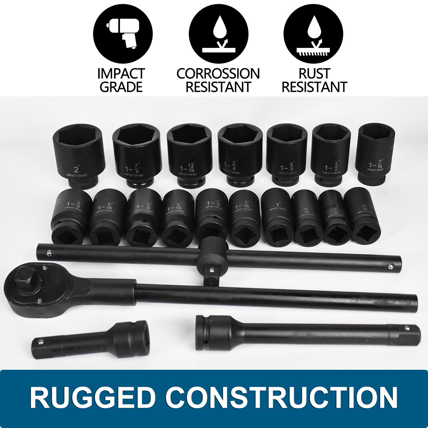 22Pcs Impact Socket Set 3/4" Drive Deep SAE Cr-Mo Extension Bar Sliding T-Bar