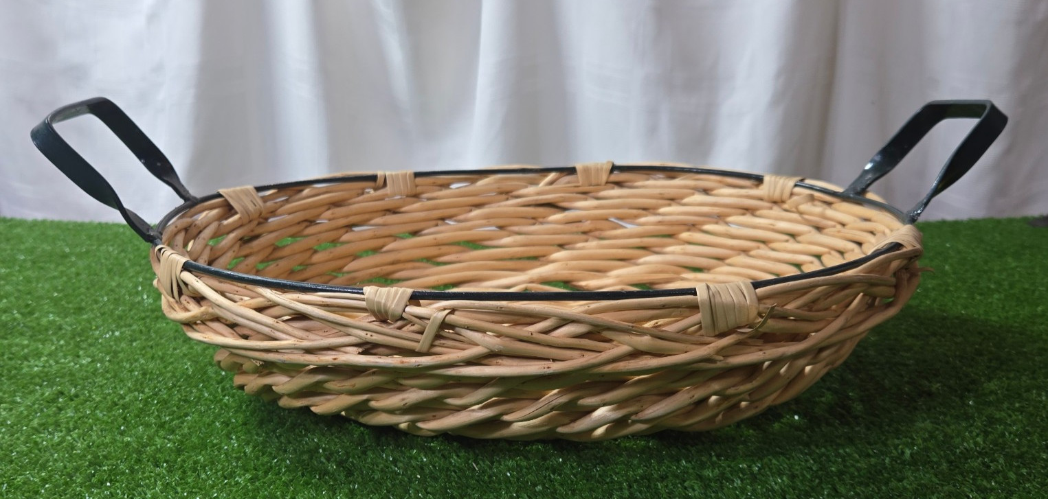 Willow Woven Oval Basket with Green Metal Handles