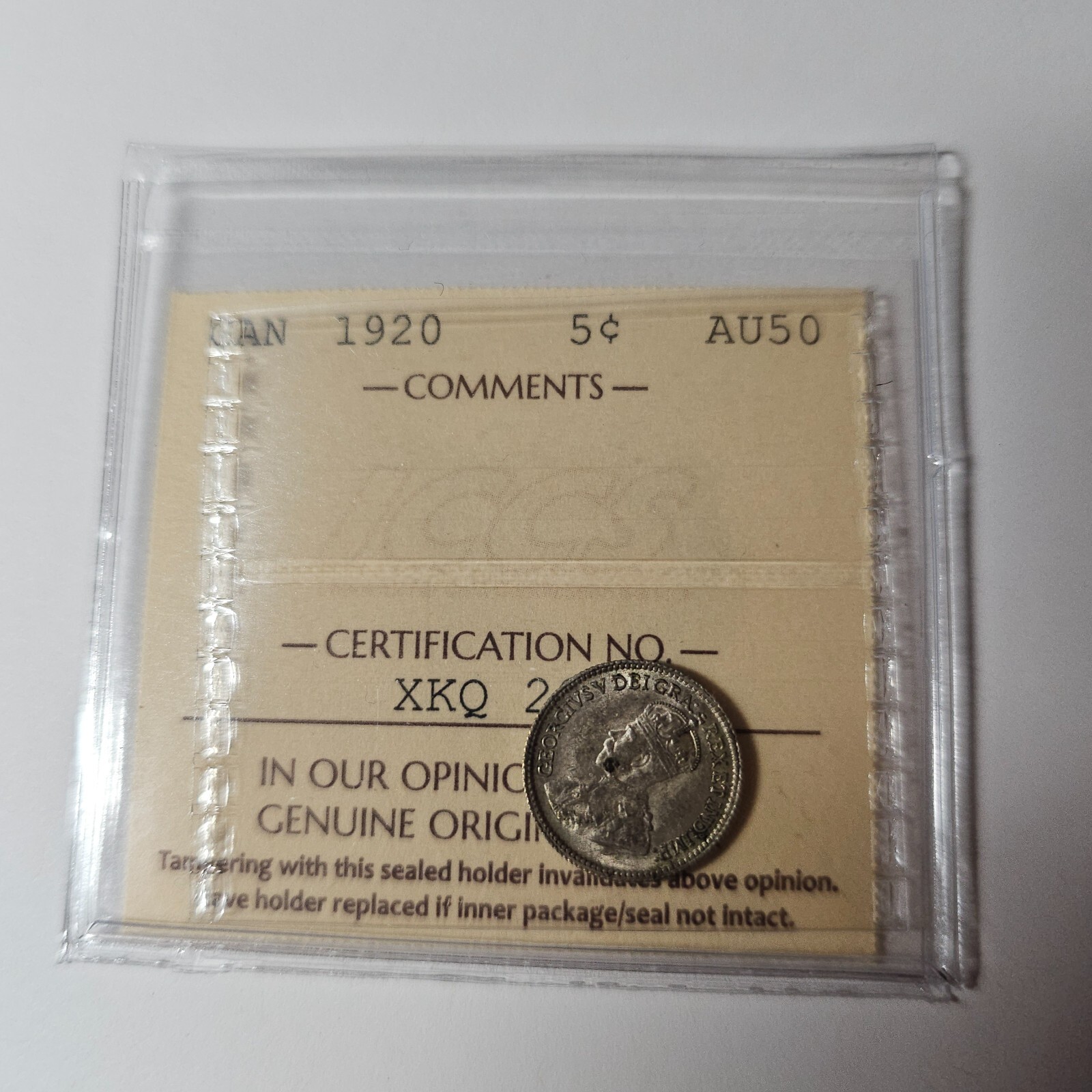 1920 - CERTIFIED ICCS AU-50 - Canada 5 five cents SILVER - CD-021