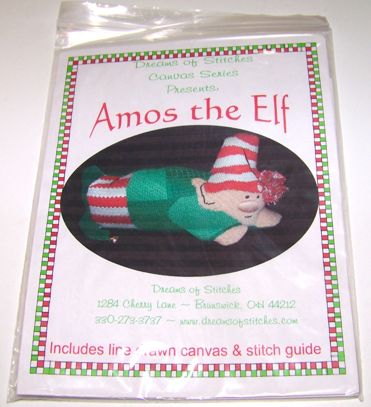 Dreams of Stitches AMOS THE ELF Christmas Needlepoint Stitch Chart & Canvas