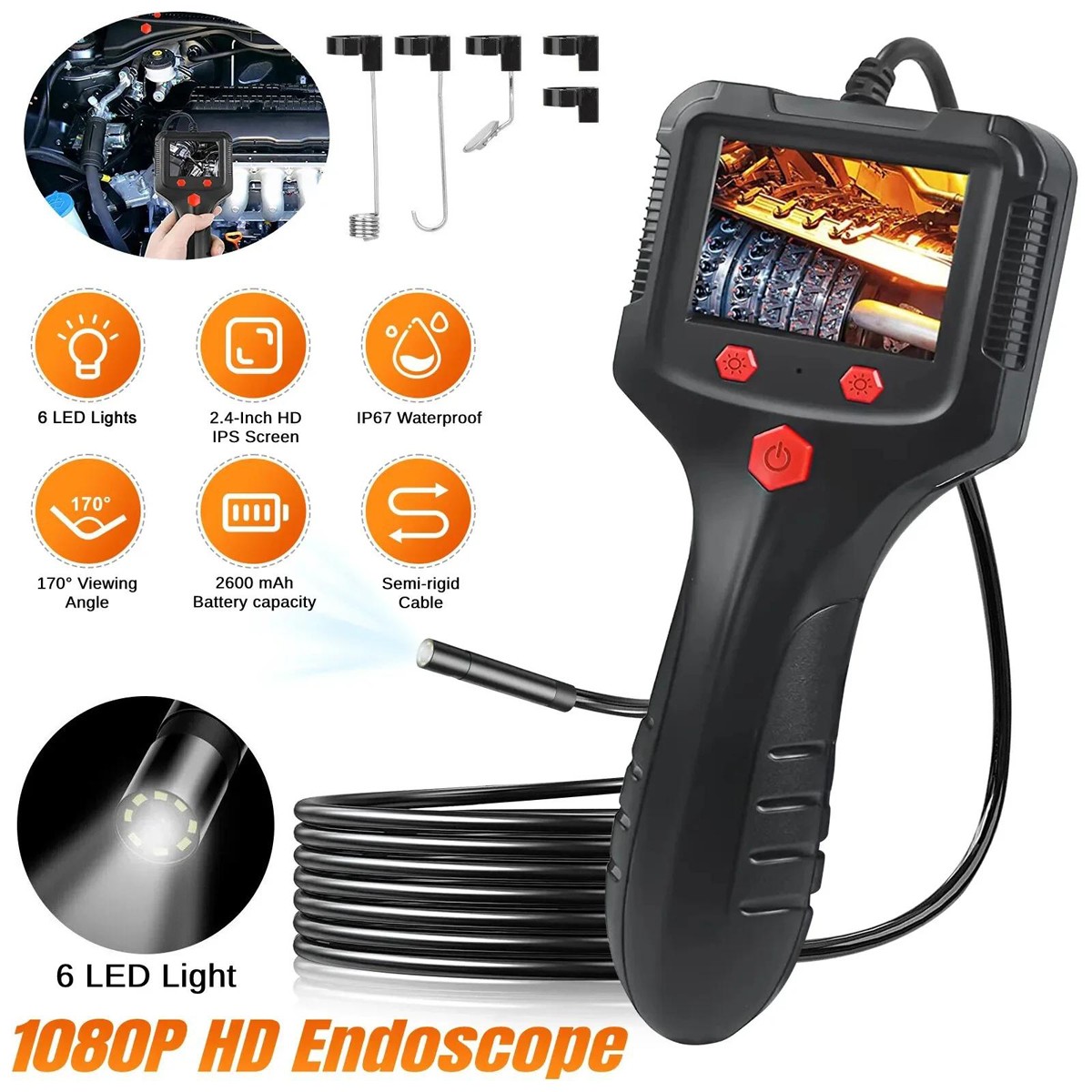 1080P HD LED Handheld Industrial Endoscope 8mm Borescope Inspection Snake Camera