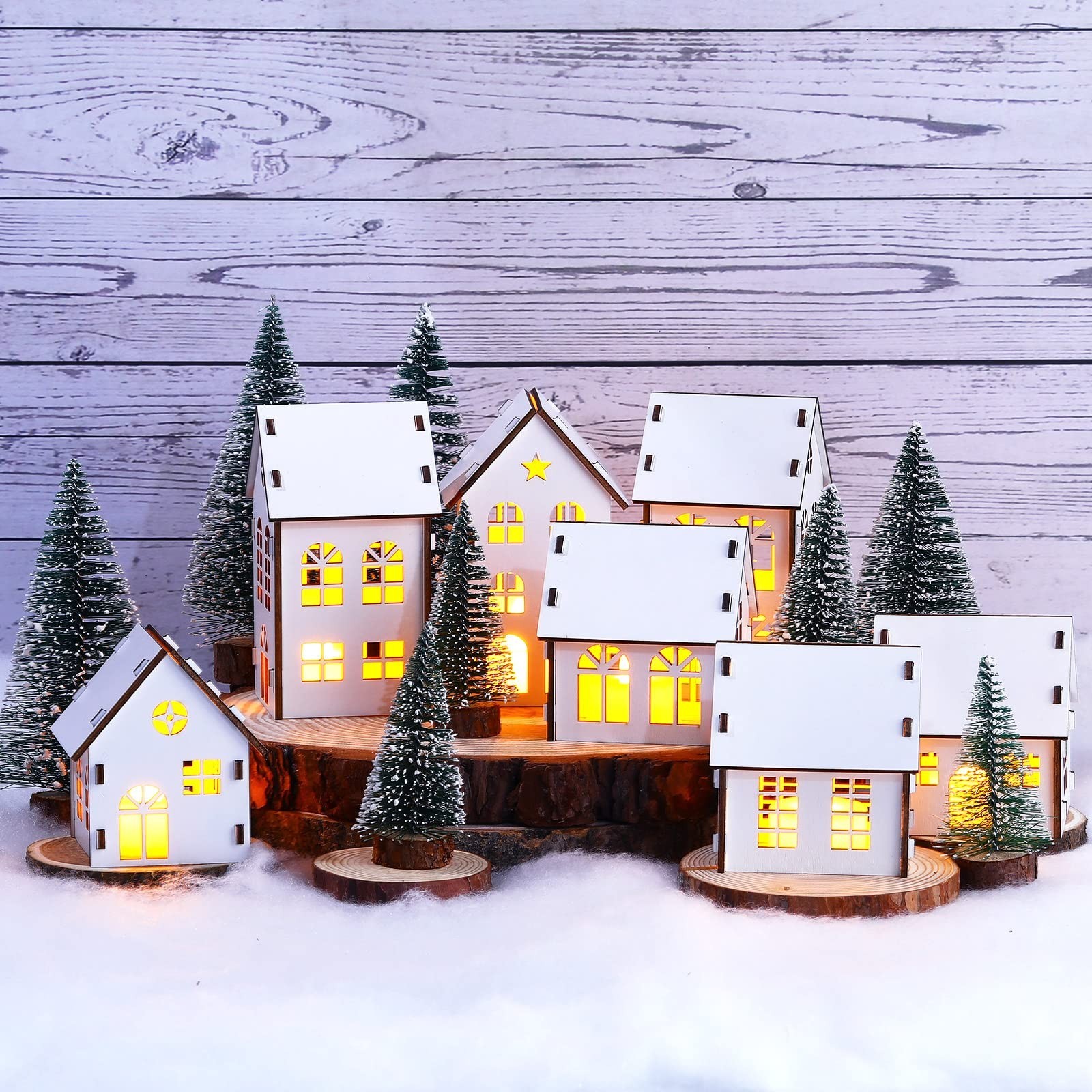 Sawysine Winter Village Kit DIY White Wood Village Houses Mini Tree Farmhouse...