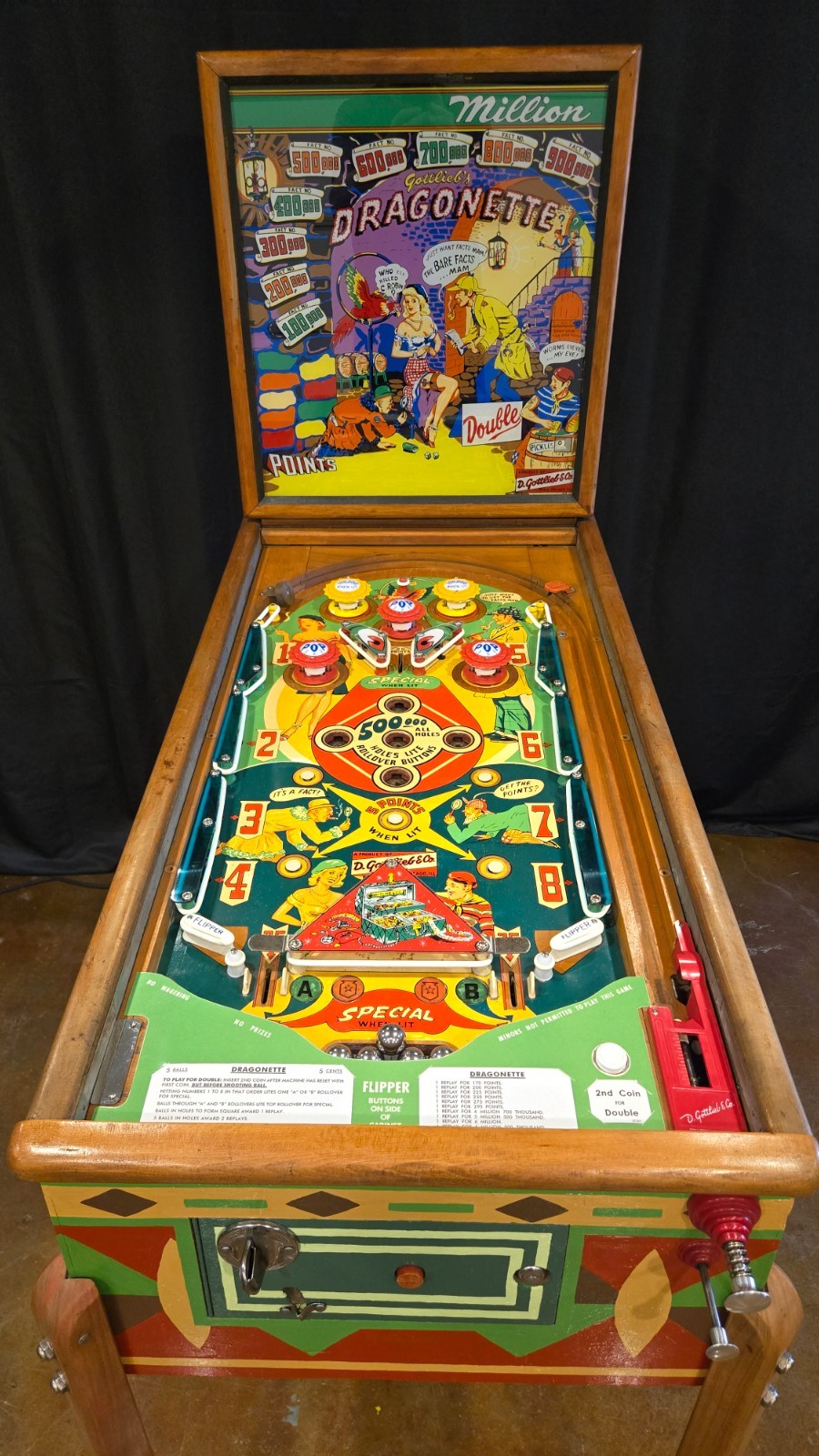 Refurbished Dragonette Woodrail Pinball Machine (Gottlieb) 1954