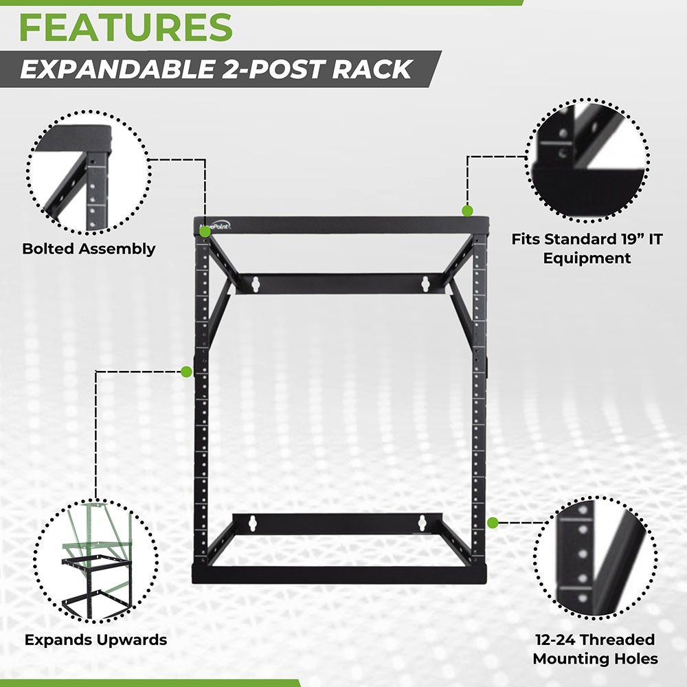 8U/12U/22U Wall Mount Expandable Open Frame 2 Post Rack Adjustable Height