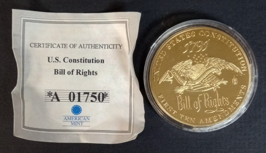 American Mint United States Constitution Bill of Rights 24K Gold Plated Coin COA