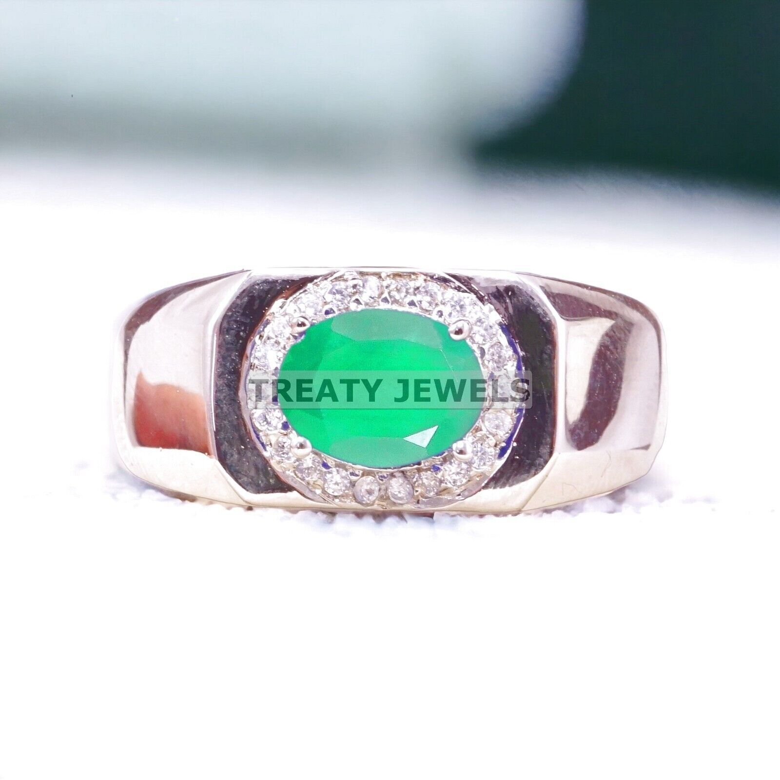 Emerald Oval Cut Gemstone With 14K Solid White Gold Ring For Men's #A298
