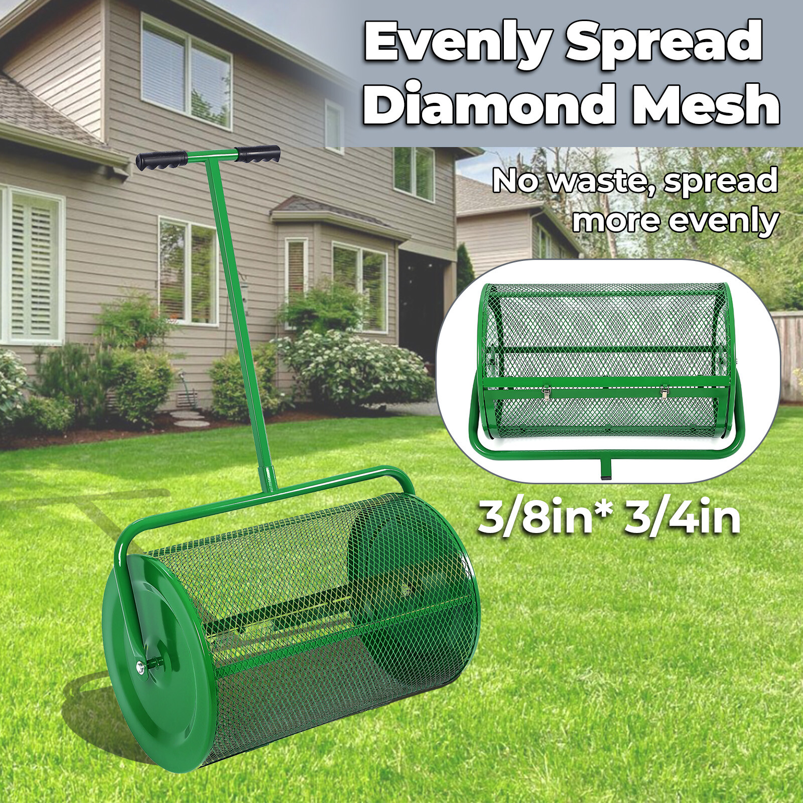 24 Inch Compost Spreader Peat Moss Spreader Roller Steel Mesh for Garden& Lawn