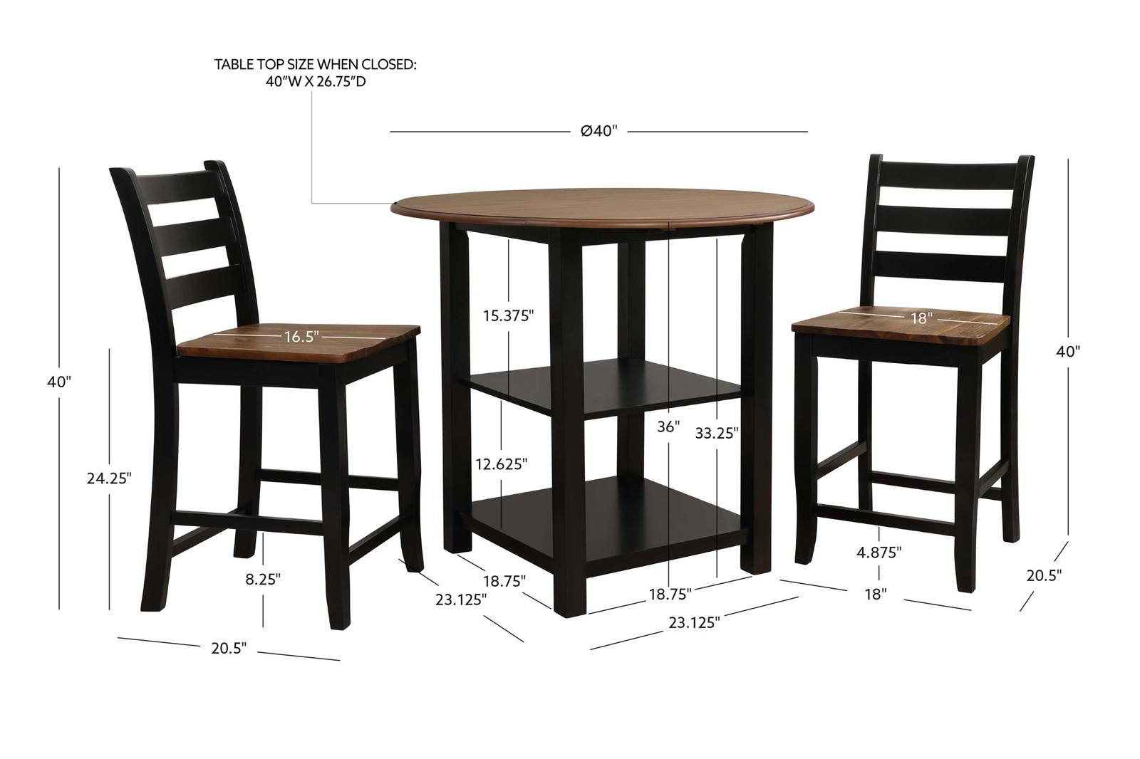 Linon Cain 3 Pce Counter Set with 2 Shelves in Brown Top/Black Wood Base