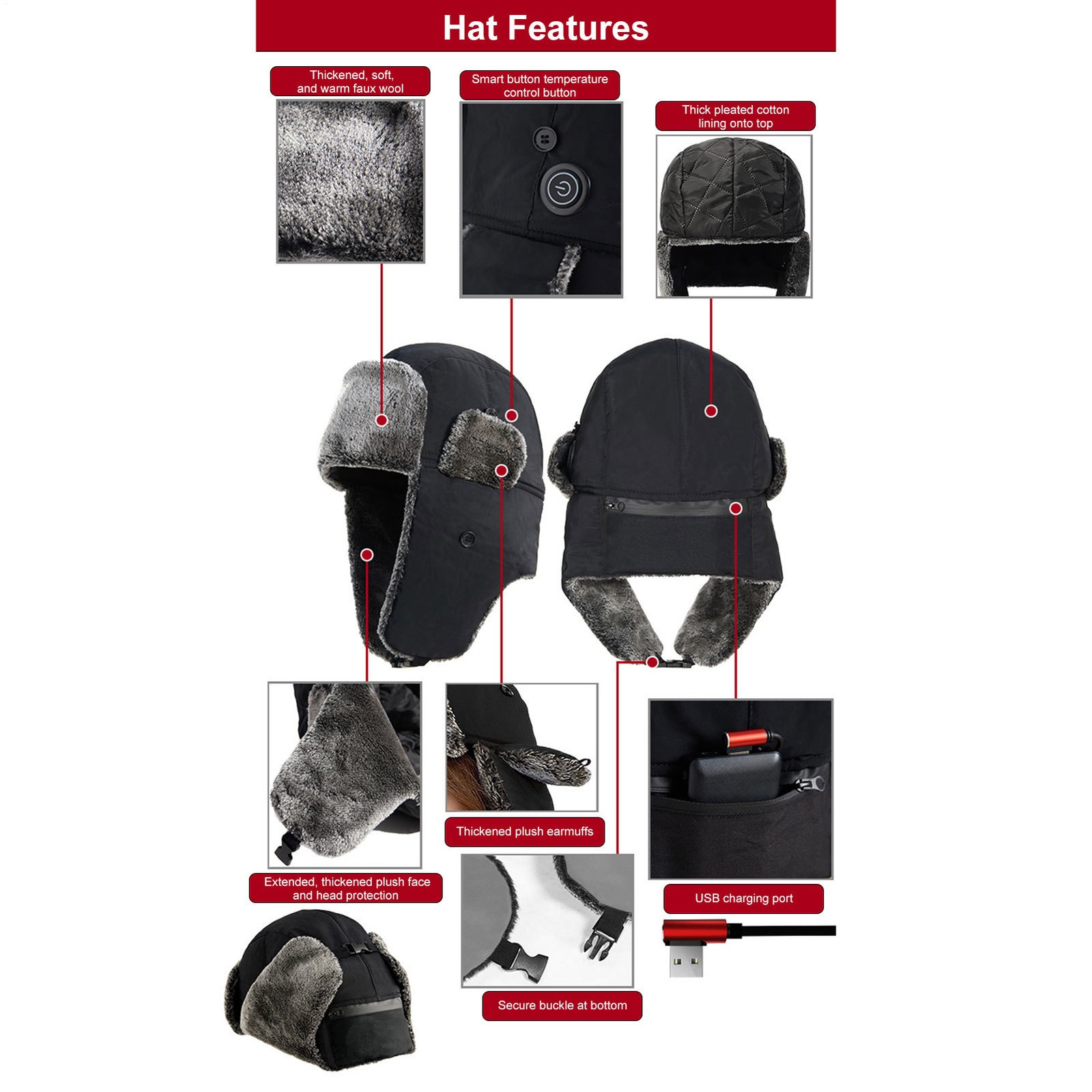 Winter Hat USB-Powered Warm Headgear Windproof Thermal Ear Protection Hat