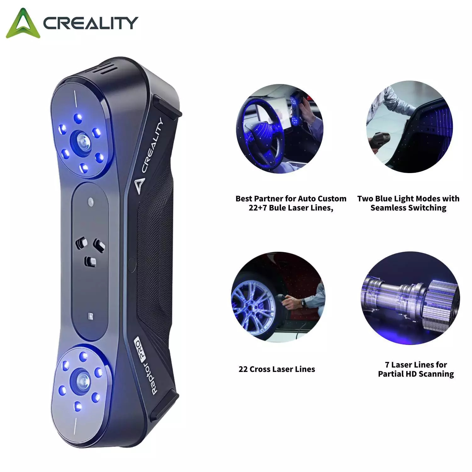 Creality Raptor Pro 3D Scanner 60fps 22+7 Blue Laser Lines for 5-4000mm Objects