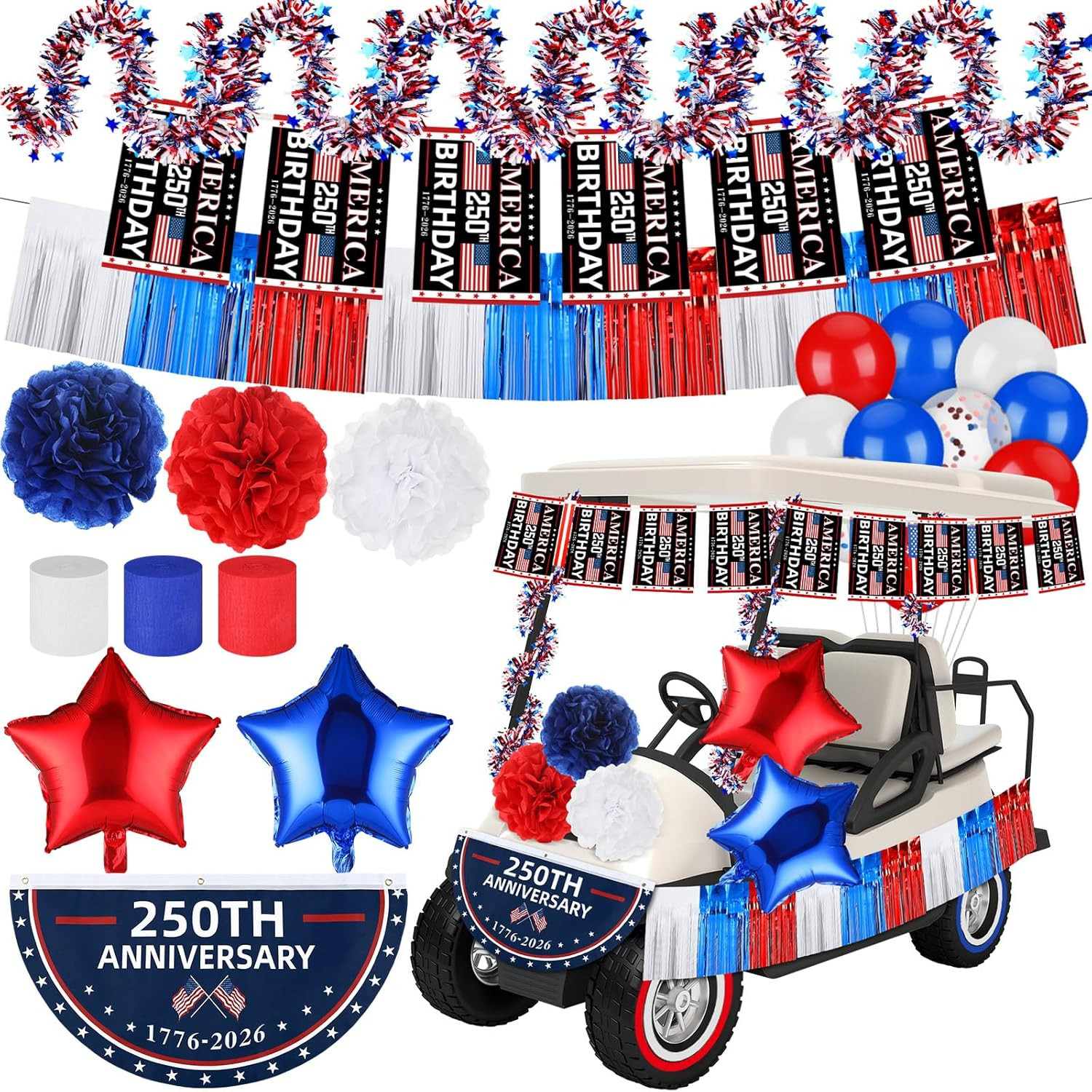 38 Pcs US 250Th Anniversary Parade Golf Cart Decoration Kit Bunting Flag Red Whi