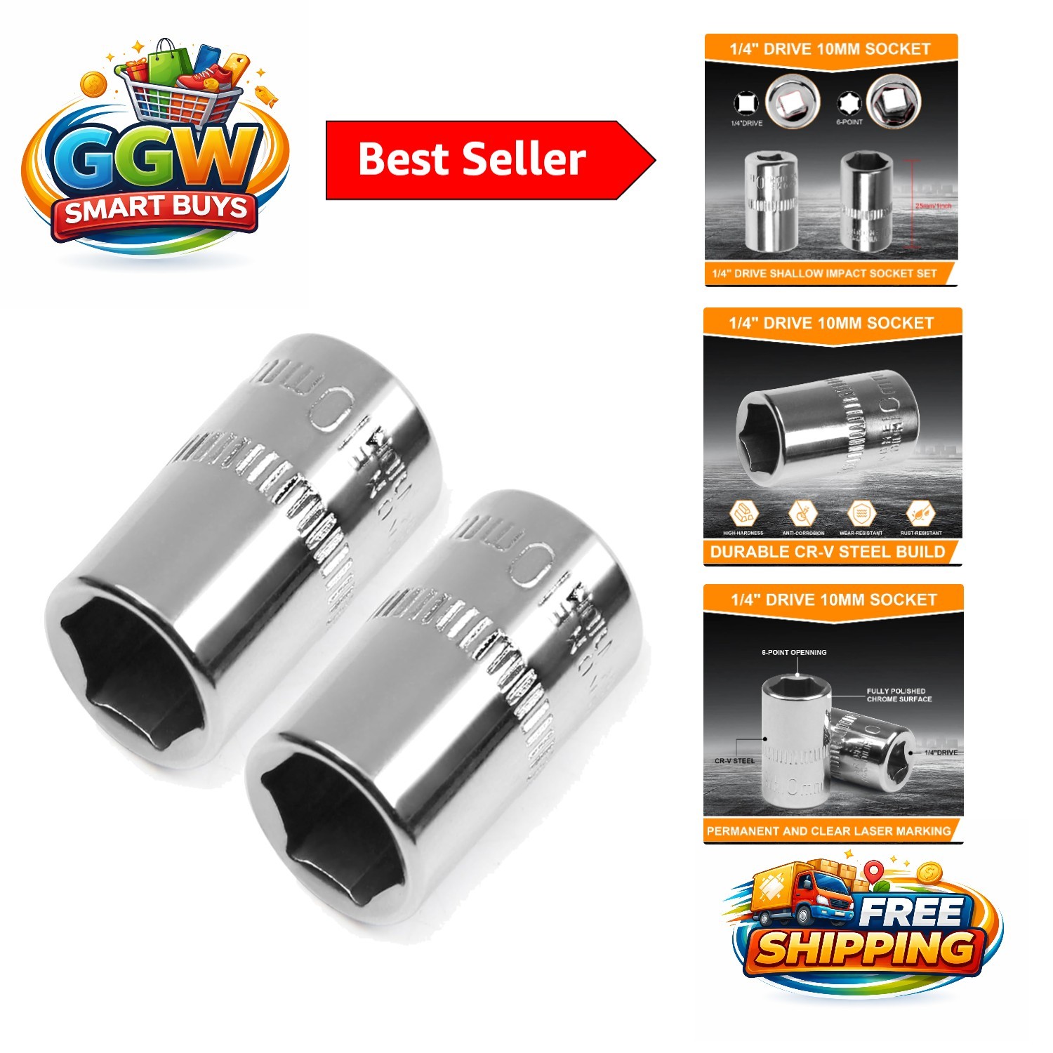 1/4" Drive 10mm 6-Point Shallow Socket Set, 2-Piece | Cr-V Durability