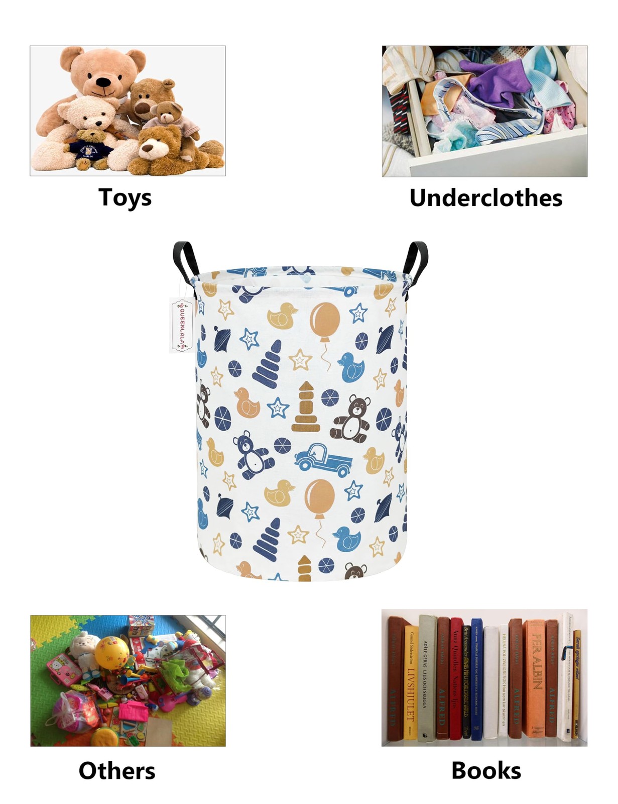 Large Round Collapsible Storage Basket Laundry Hamper Colorful Bear Decor