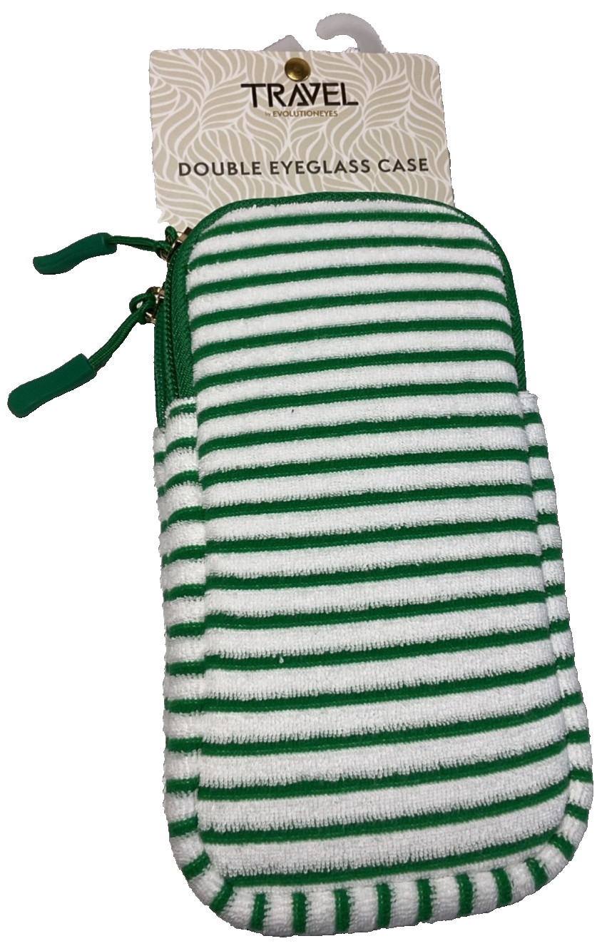 EVOLUTION EYES TRAVEL DOUBLE EYEGLASS CASE GREEN WHITE 17 x 3 100% POLYESTER NWT
