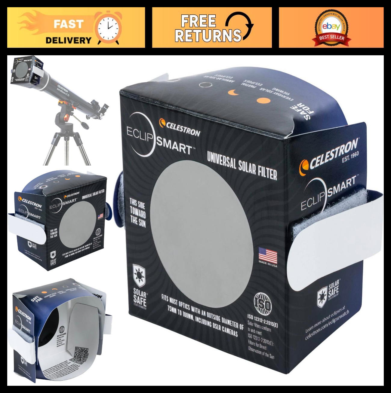 Universal Solar Filter for Telescopes - ISO Compliant, Fits 75-100mm Tubes, Safe