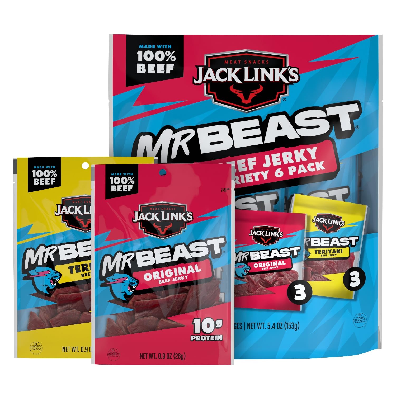 x MrBeast Beef Jerky, Original & Teriyaki Beef Jerky Variety Pack - (6 Pack) ...
