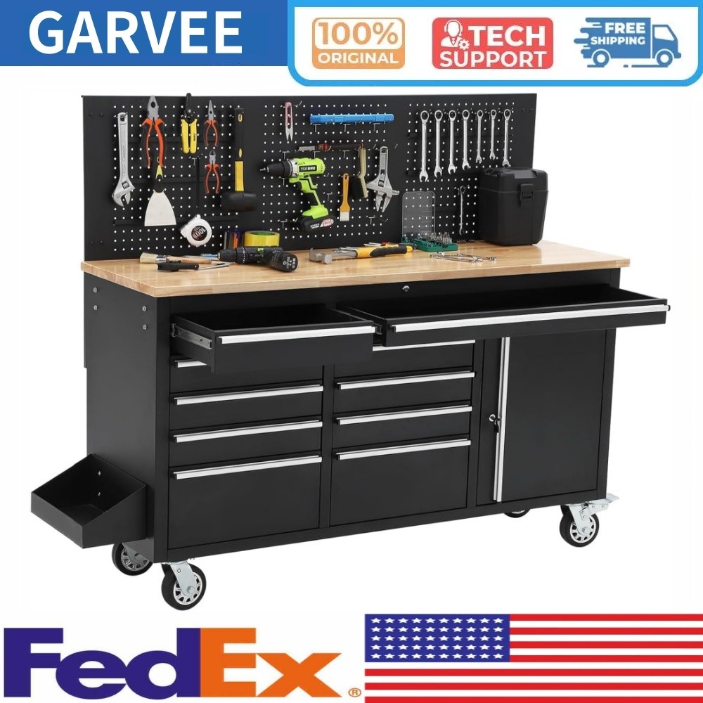🔥61inch Rolling Tool Chest Workbench Storage Tool Cabinet with Power Strip Gara