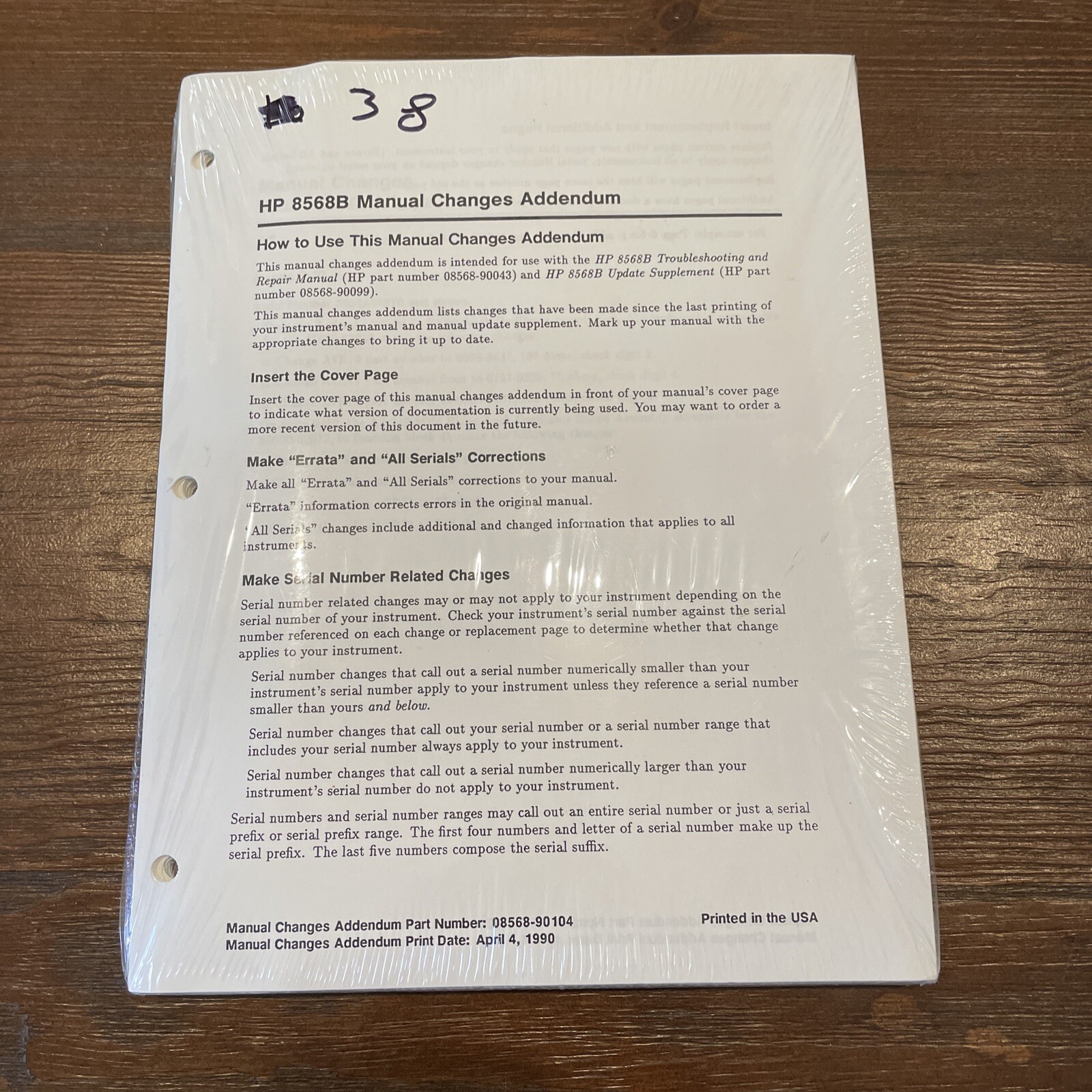 HP 8568B Manual Changes Addendum 08568-90104  April 1990