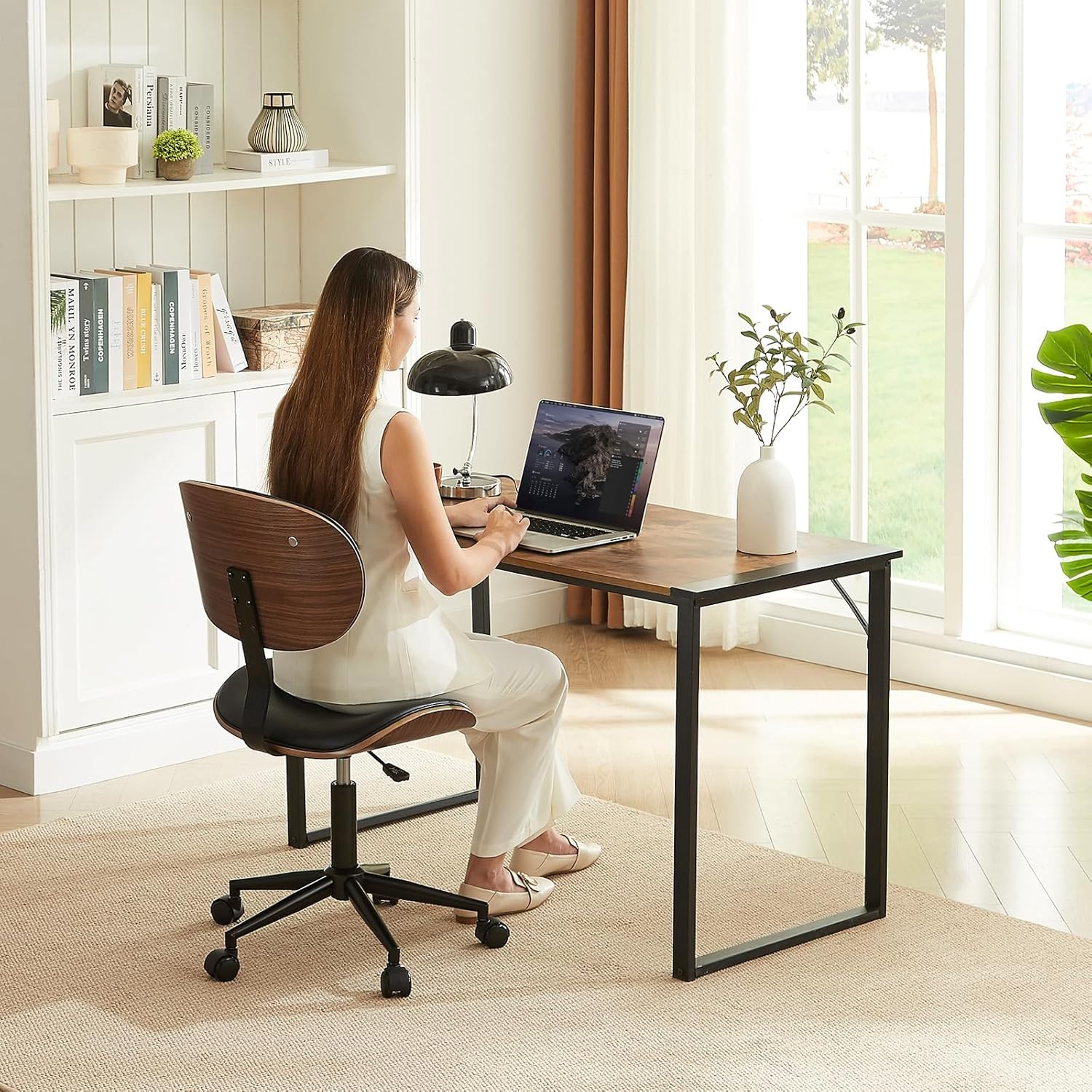 Small Office Chair W/ Bentwood Back Support Armless Desk Chair W/ 360° Swivel