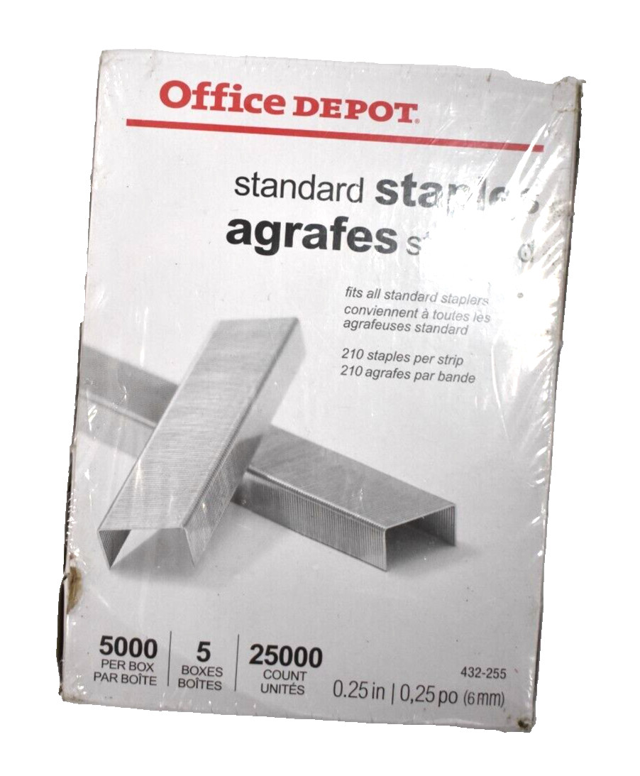 Lot of 25000 Office Depot Standard Staples .25" 210 Staples Per Strip 432-255