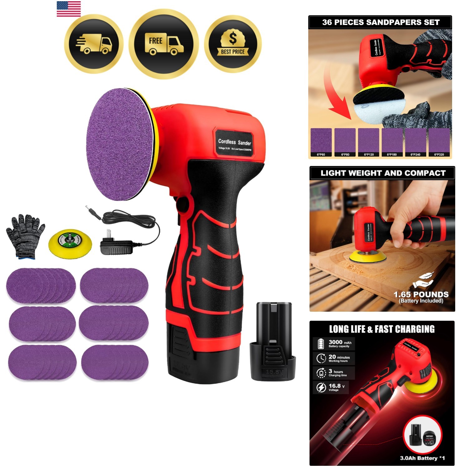 16.8V Cordless Electric Sander with 36PCS Sandpapers, 3500 RPM, 3.0Ah Battery...