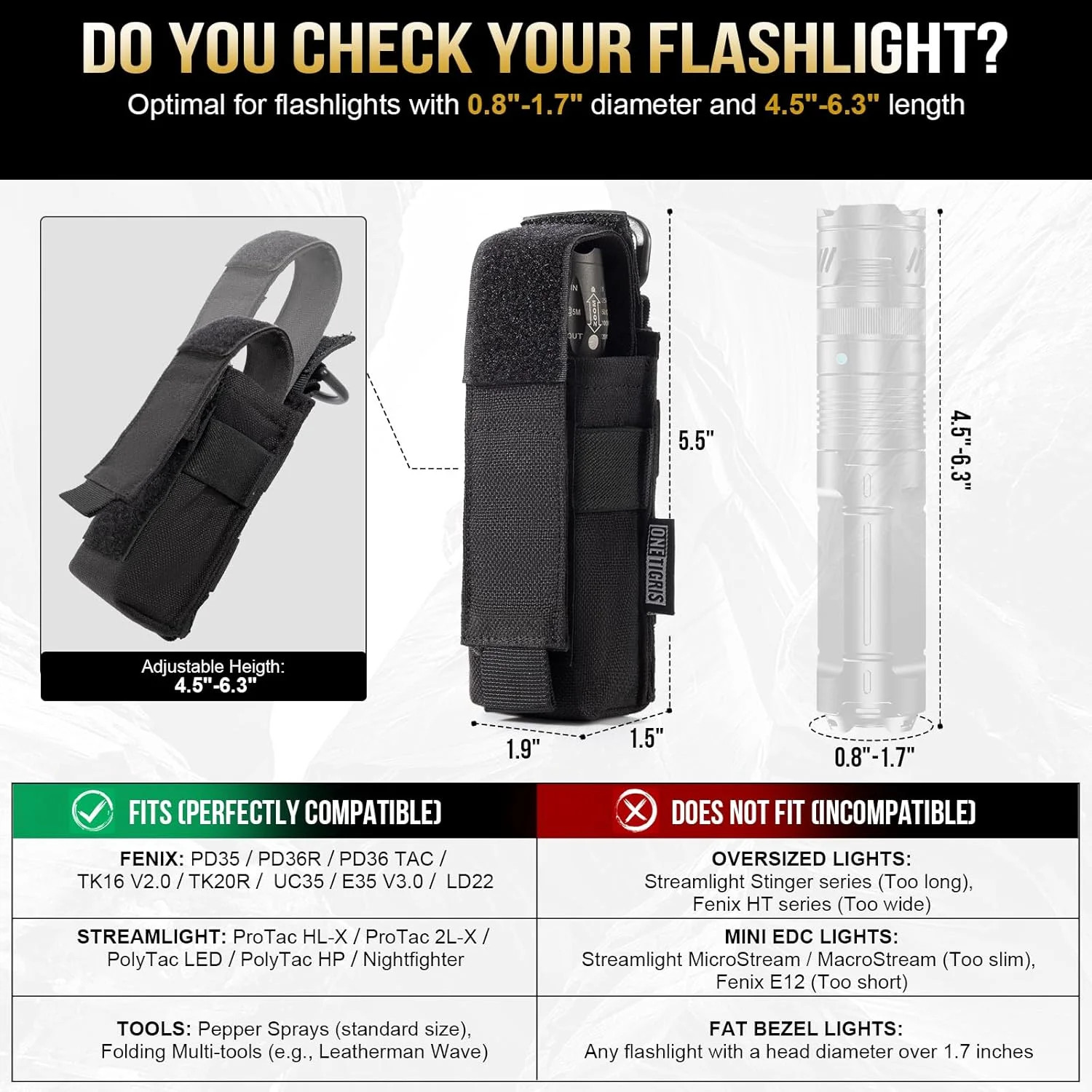 OneTigris Flashlight Holster Flashlight Holder Molle Flashlight Holster Tactical