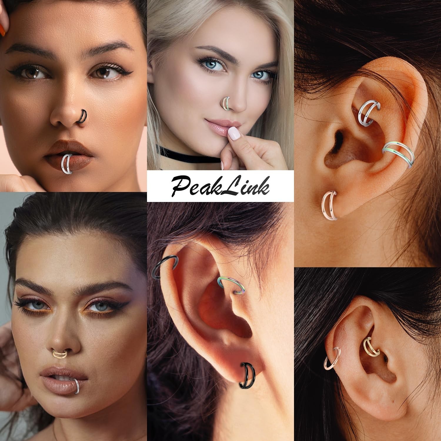 PEAKLINK Double Nose Hoop Ring Sets Hinged Segment Ring Seamless Clicker Ring...