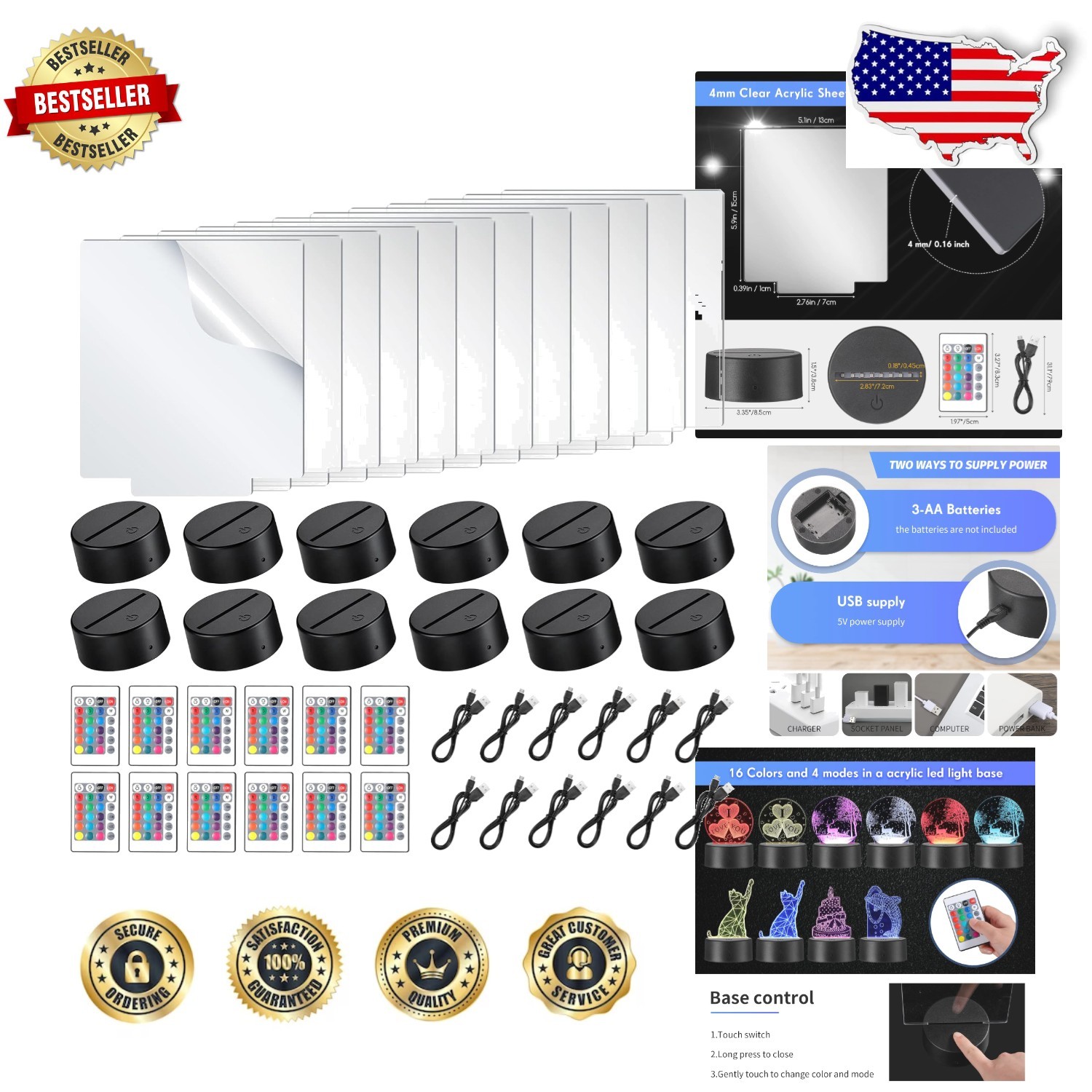DIY Acrylic Night Light Set 12 Bases Remote Control 16 Colors USB Powered