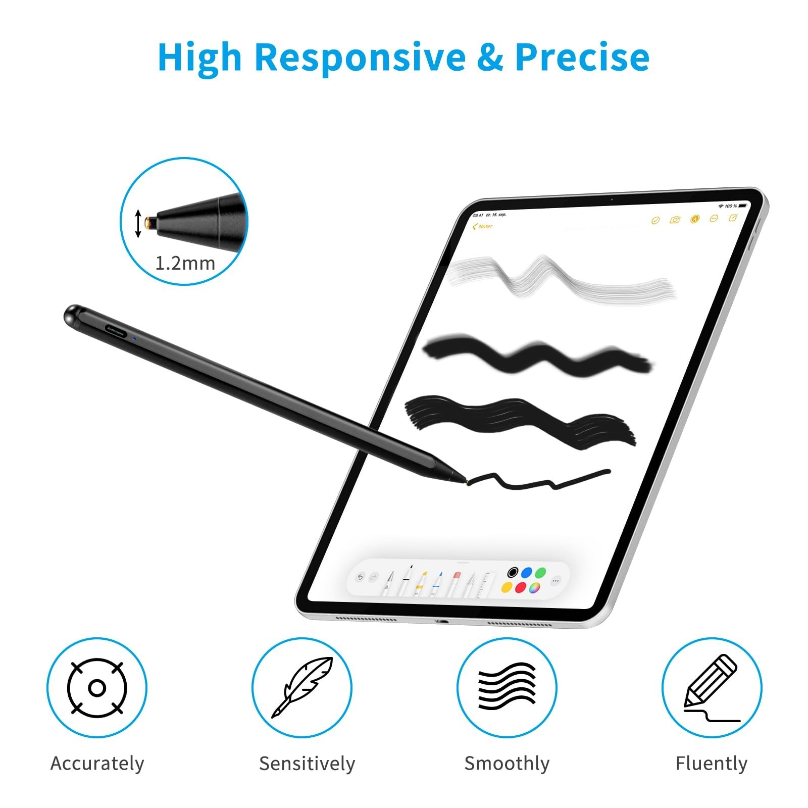 Universal Active Stylus Pen - 1.5mm Fine Point for iPhone, Samsung, Surface & Mo