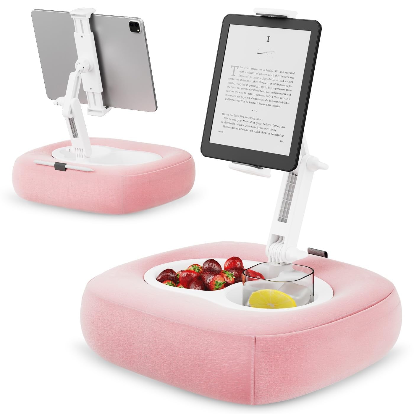 Tablet Pillow Stand, Adjustable Kindle Holder with 2 Snack Bowls, 360° Adjust...