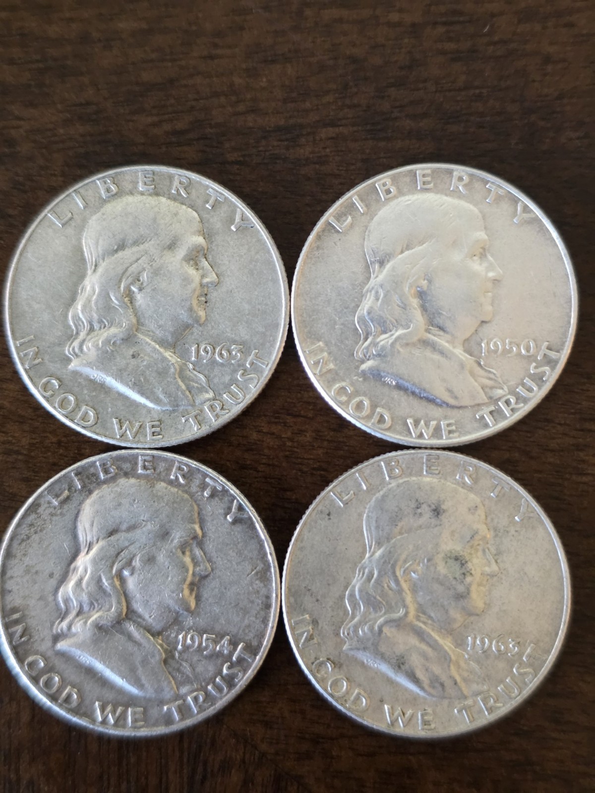 Ben Franklin Silver Half Dollars-Random Dates and Mint Marks- Lot of 4