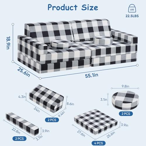 10 Pc Black & White Kids Couch, Buffalo Check Toddler Sofa, Black and White