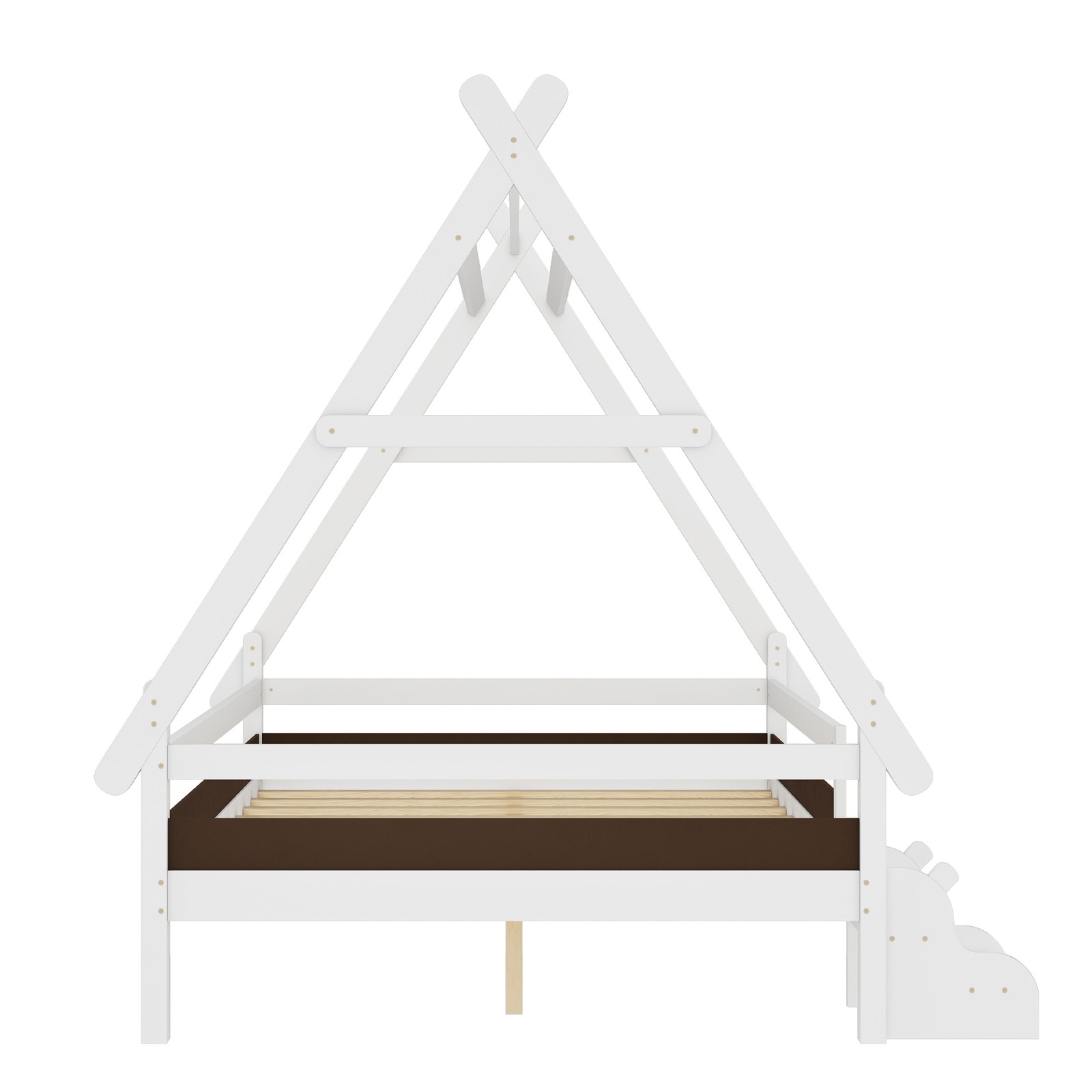Full House Platform Bed with Stairs, Solid Wood Frame, White