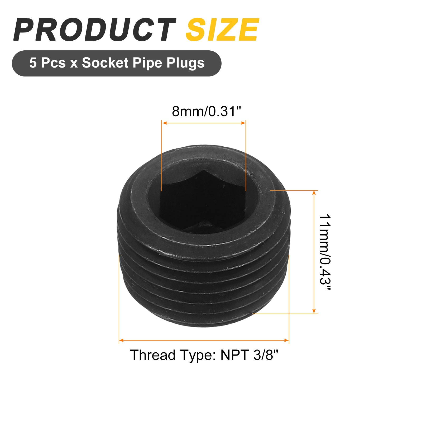 5Pack Socket Pipe Plugs NPT 3/8"Carbon Steel Hex Thread Pipe Caps Black