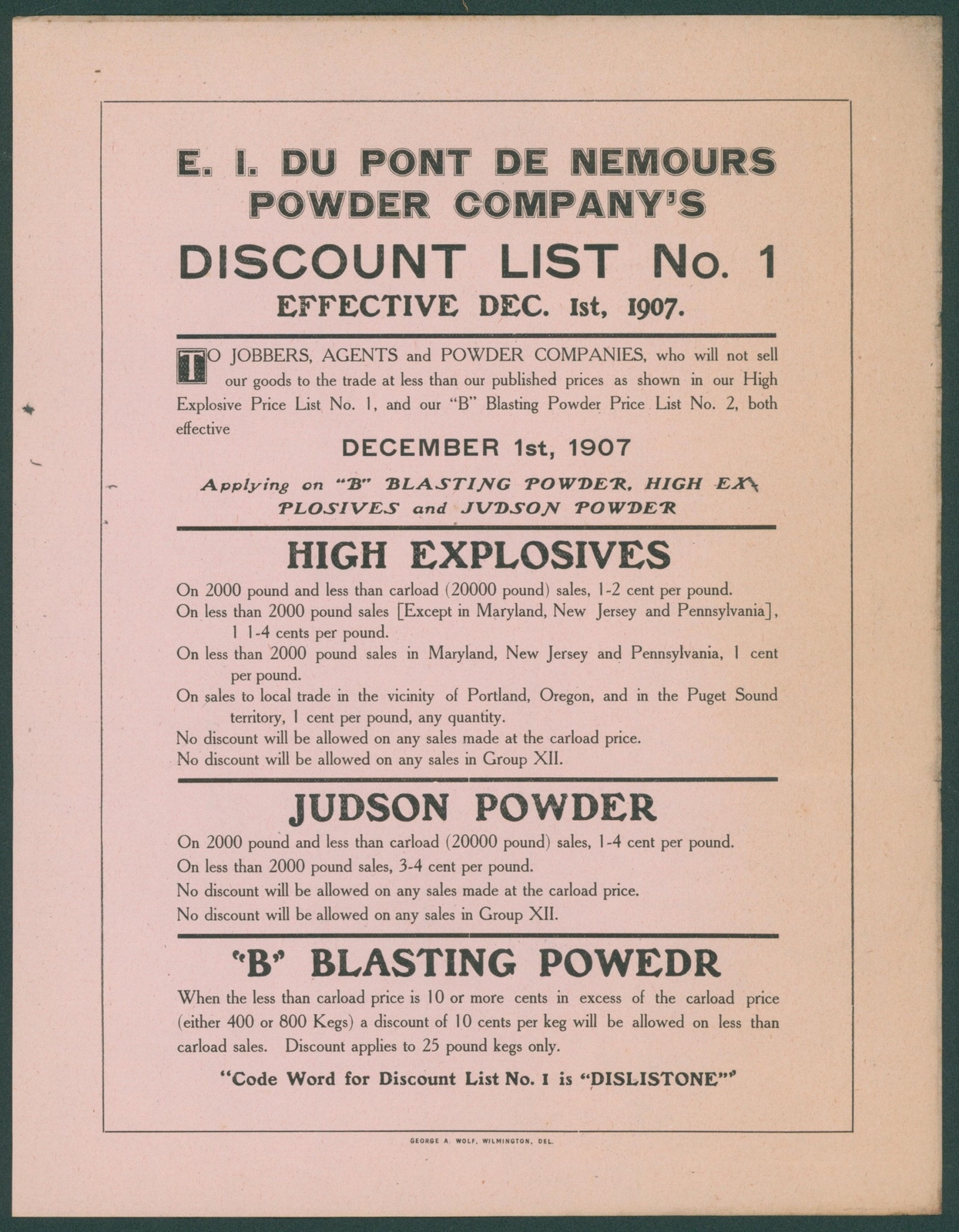 1907 DuPont Smokeless Judson Powder Original Price List Blasting Explosives Deal