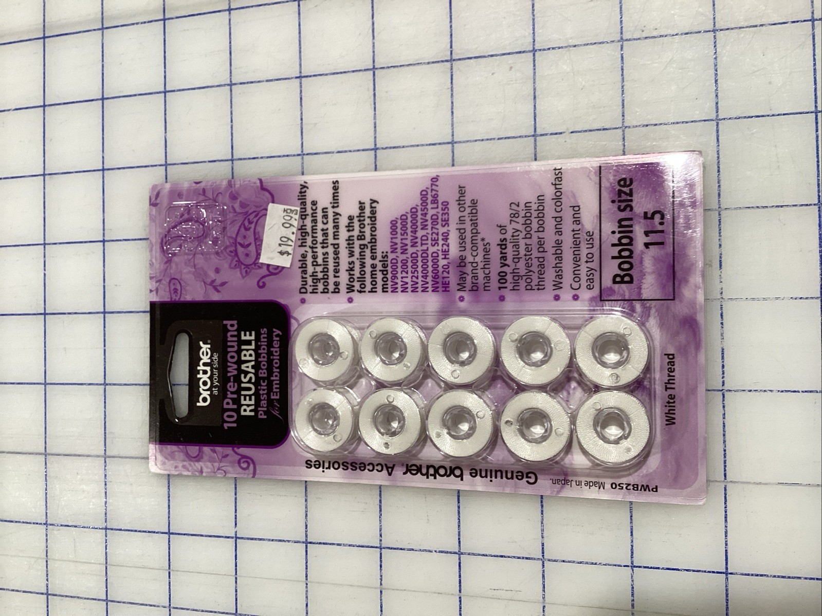 Brother 10 Pre-Wound Reusable Plastic Bobbins-White Embroidery Thread (Size 9.4)