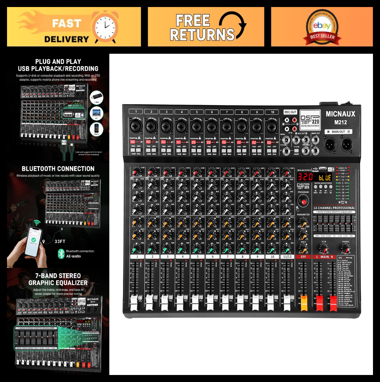 12-Channel Audio Mixer Console with 320 DSP Effects, USB, Bluetooth, 48V Power,