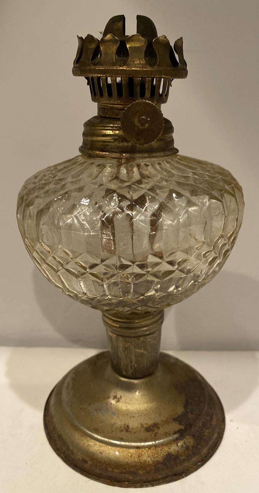 Oil Lamp Clear Etched Glass No Glass Topper  7” Tall Made in Hong Kong