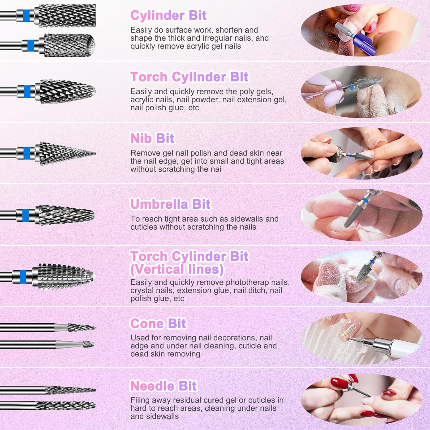Nail Drill Bits Set: 10PCS Tungsten Carbide Nail Drill Bits for Acrylic Nails, 3