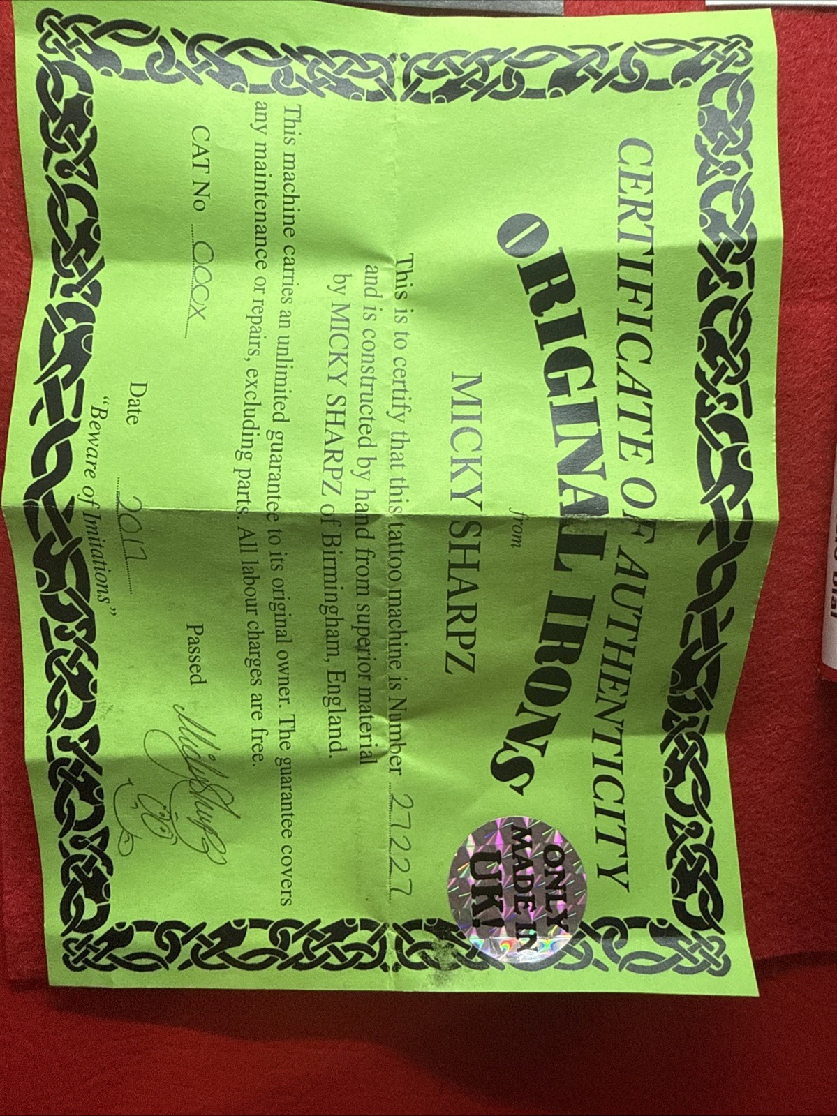 Micky Sharpz Iron Micro Dial Tattoo Machine 2017 Certificate of Authenticity